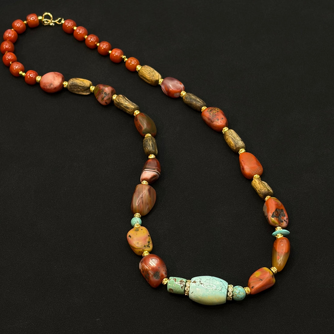 Southred Agate & Turquoise & eaglewood Necklace （南红原矿绿松沉香项链）