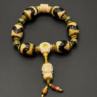 TigerTooth Dzi bead & Green tara and Five-Script Charms Bracelet （虎牙天珠配猛犸雕刻绿度母五条经文手串）