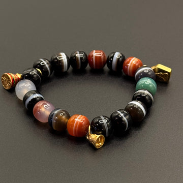 Natural Dzi Bead Agate Bracelet （天然一线药师天珠 +纯银镀金六字箴言铃铛、黄财神、菩提塔）