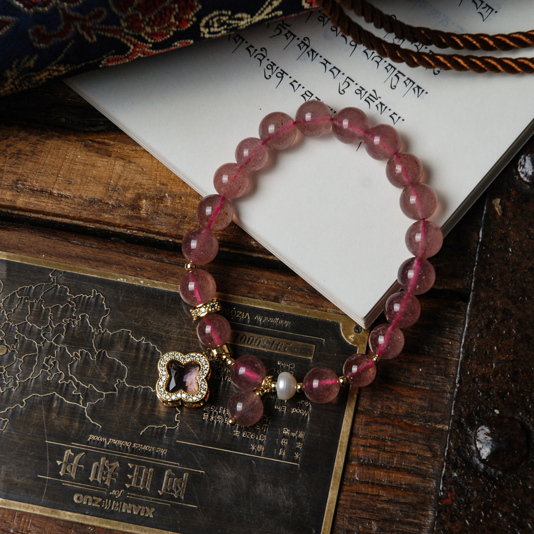 Strawberry Quartz four-leaf clover bracelet