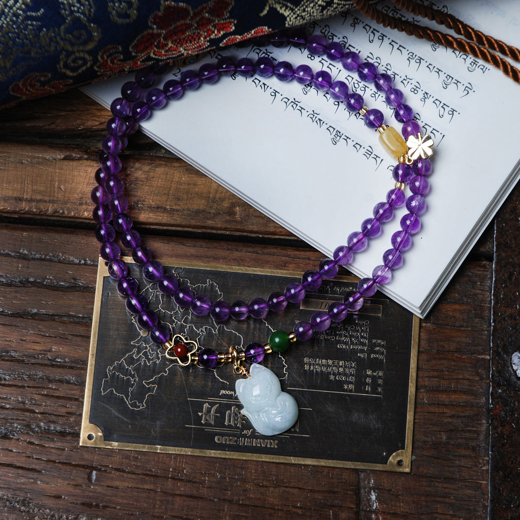 Three circles of amethyst and jade fox bracelet