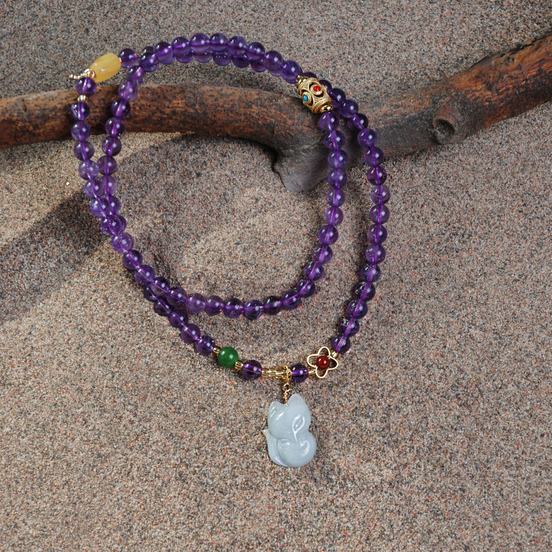 Three circles of amethyst and jade fox bracelet