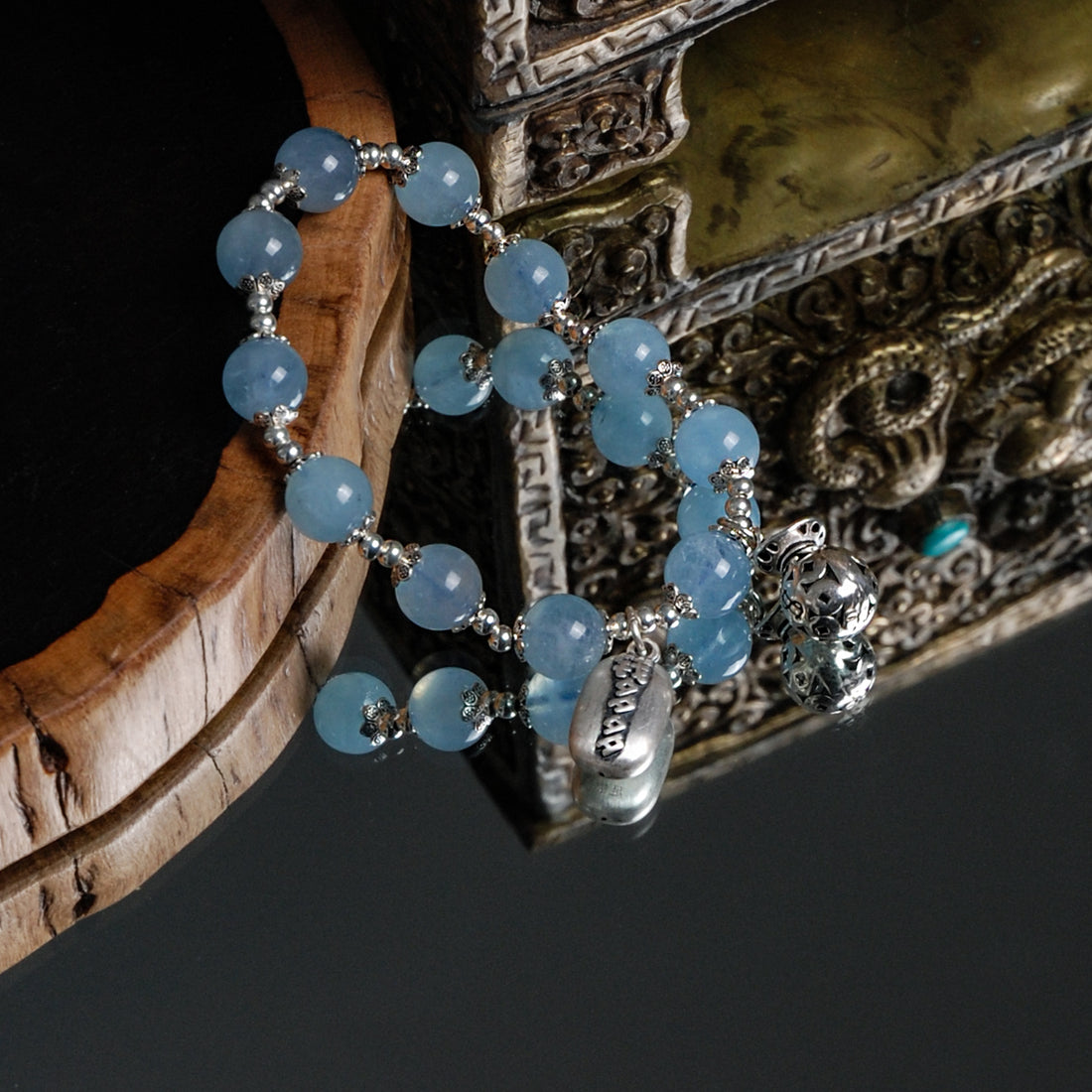 Aquamarine silver bead money more bracelet