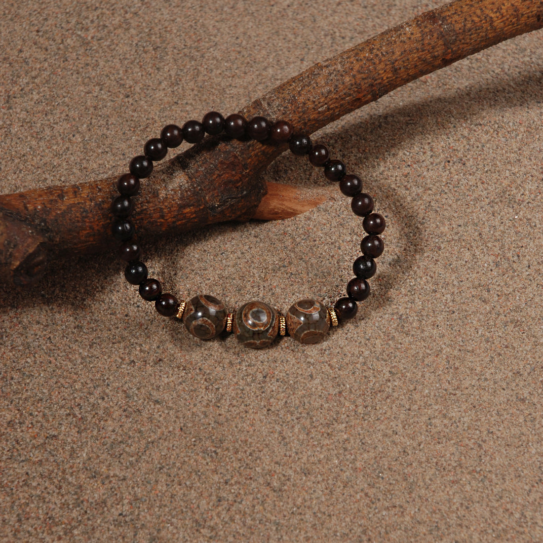Red Sandalwood Three  Eyes Dzi Bead Bracelet