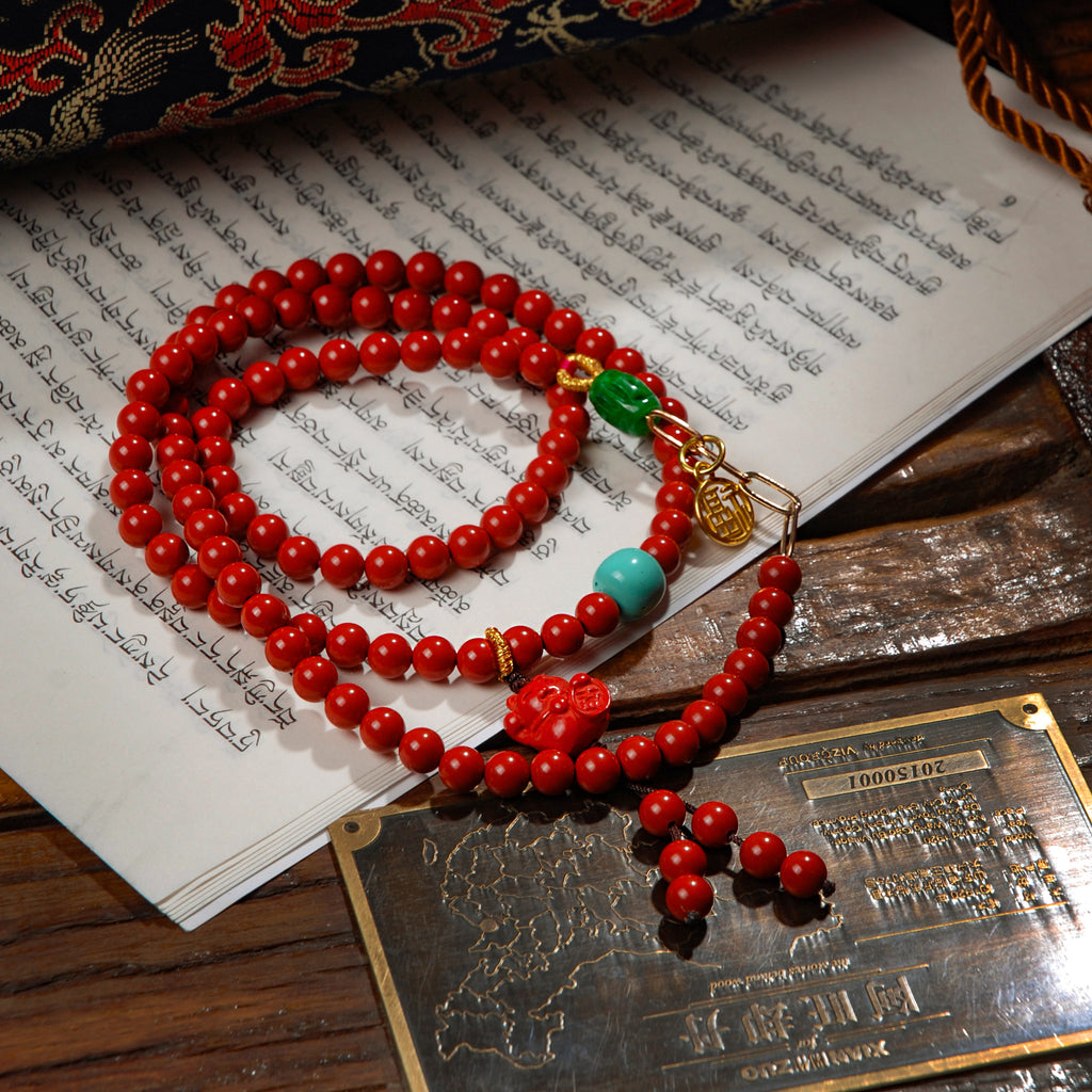 Cinnabar Lucky Cat Three Circle Bracelet