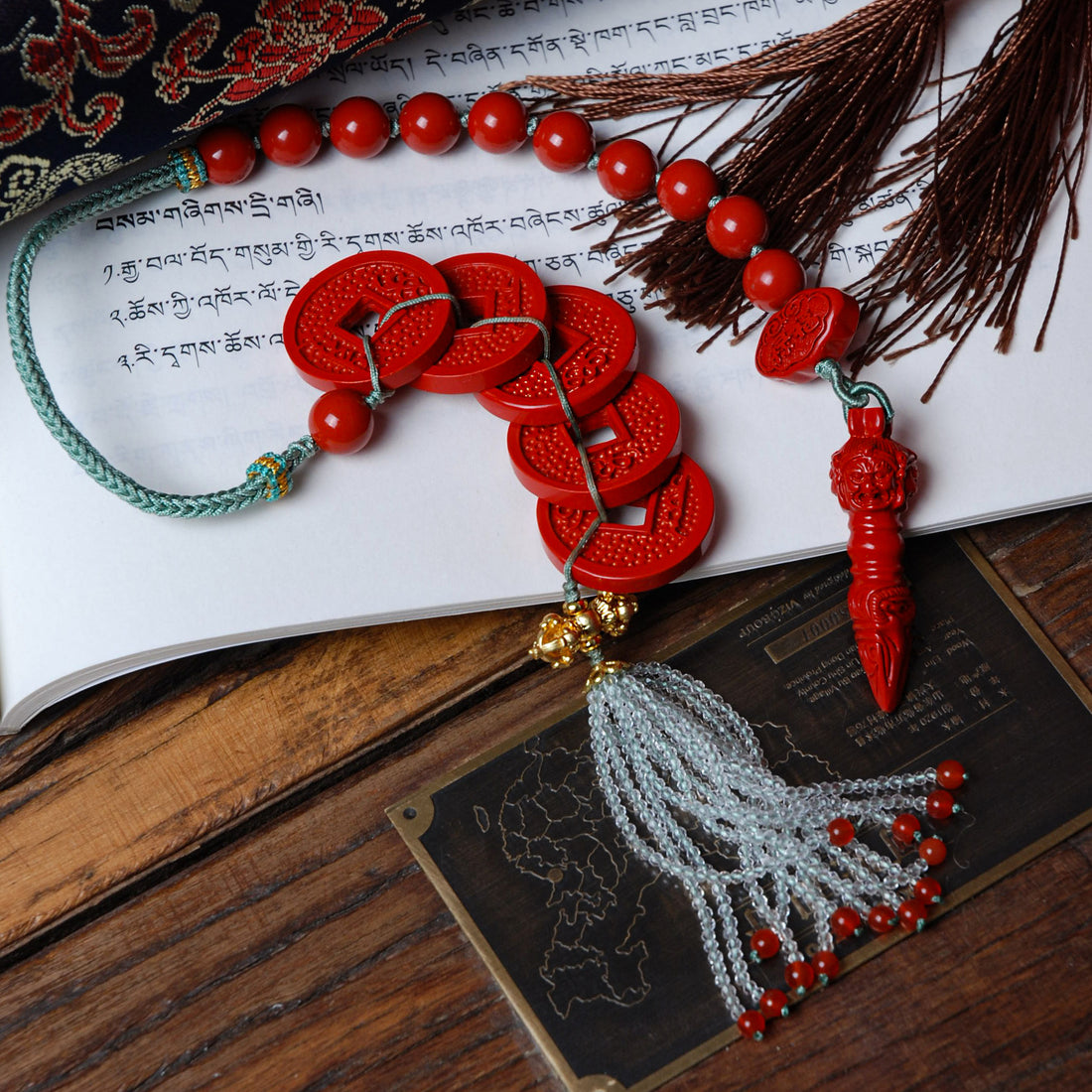 Cinnabar Chinese Feng Shui Five Emperor Money Coins Pendant